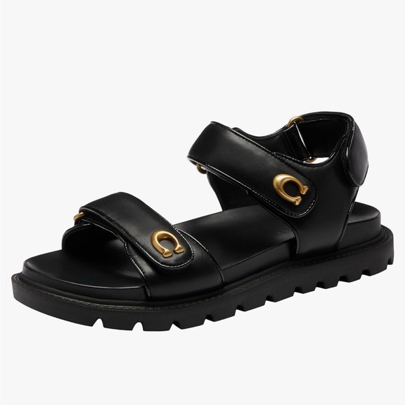 Coach Shoes - COACH Women's Brynn Sandal Black Gold-Accented Leather Sandals